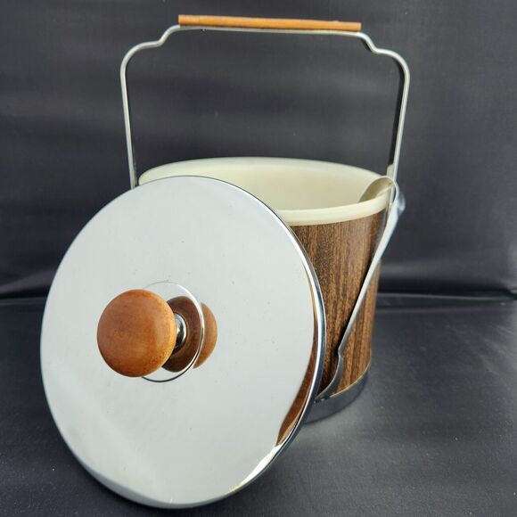 Atapco Chrome Wood Ice Bucket Vintage MCM w Lid Plastic Liner Tongs VTG Barware - Picture 8 of 13